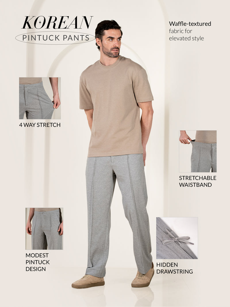 Tharn Grey Relaxed Fit Power-Stretch Korean Pintuck Pants
