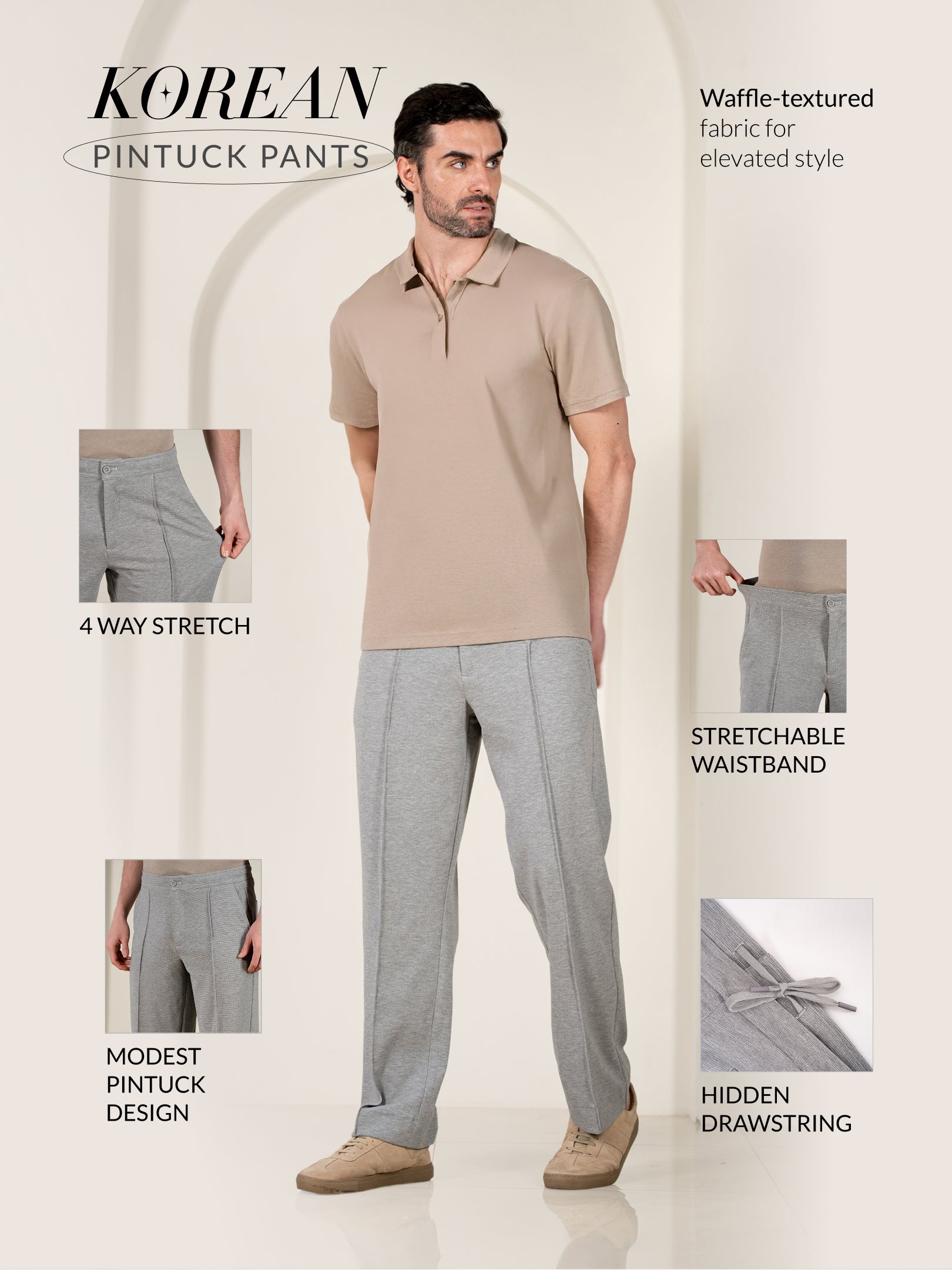 Tharn Grey Relaxed Fit Power-Stretch Korean Pintuck Pants