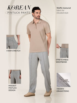 Tharn Grey Relaxed Fit Power-Stretch Korean Pintuck Pants