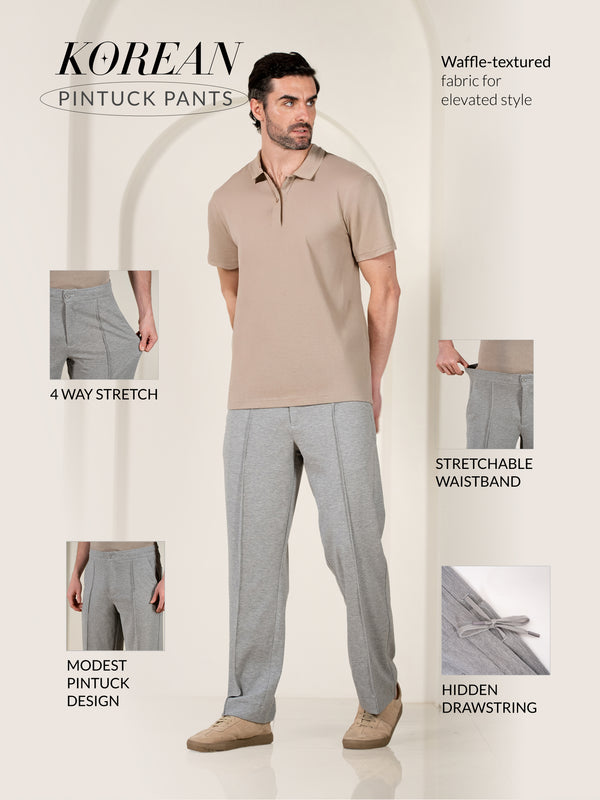Tharn Grey Relaxed Fit Power-Stretch Korean Pintuck Pants