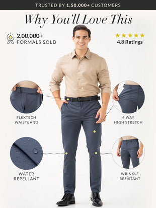 Thunder Grey Water Repellant Slim Fit Stretch Formal Pants