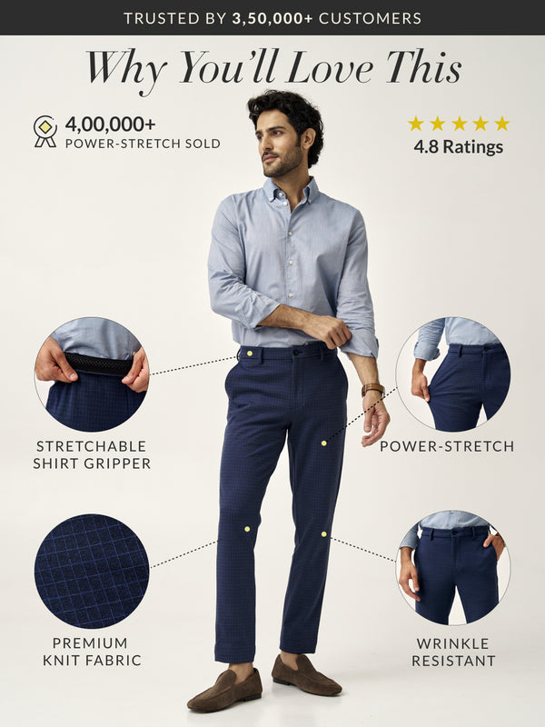 Udaipur Blue Checks Slim Fit Power Stretch Pants