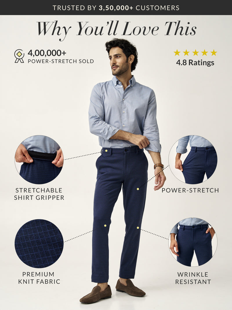 Udaipur Blue Checks Slim Fit Power Stretch Pants