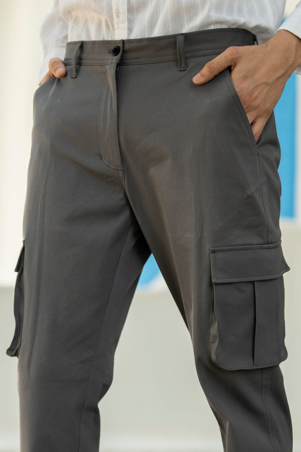 Grey Slim Fit Stretch Cargo Pants