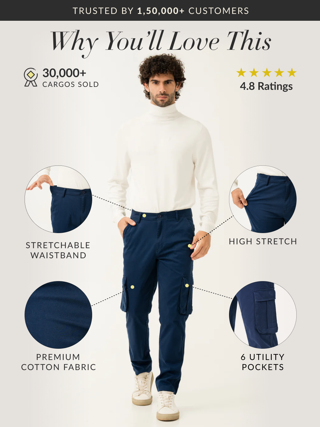 Villa Blue Slim Fit Stretch Cargo Pants