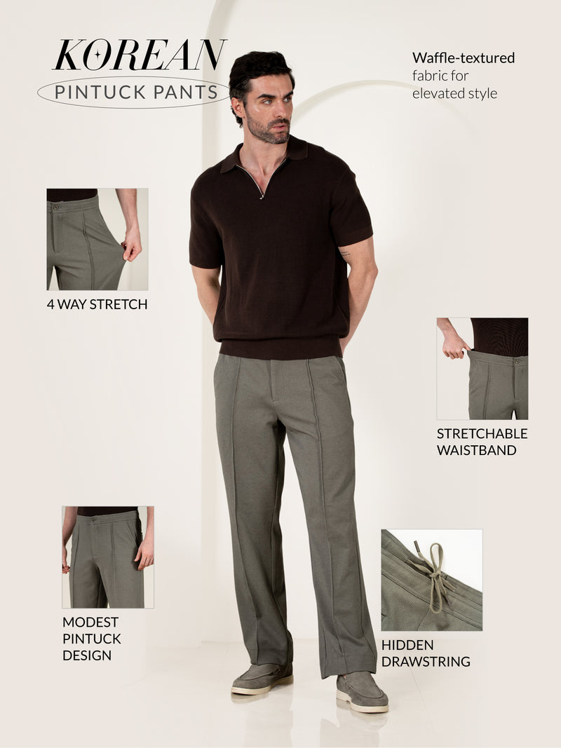Viren Green Relaxed Fit Power-Stretch Korean Pintuck Pants