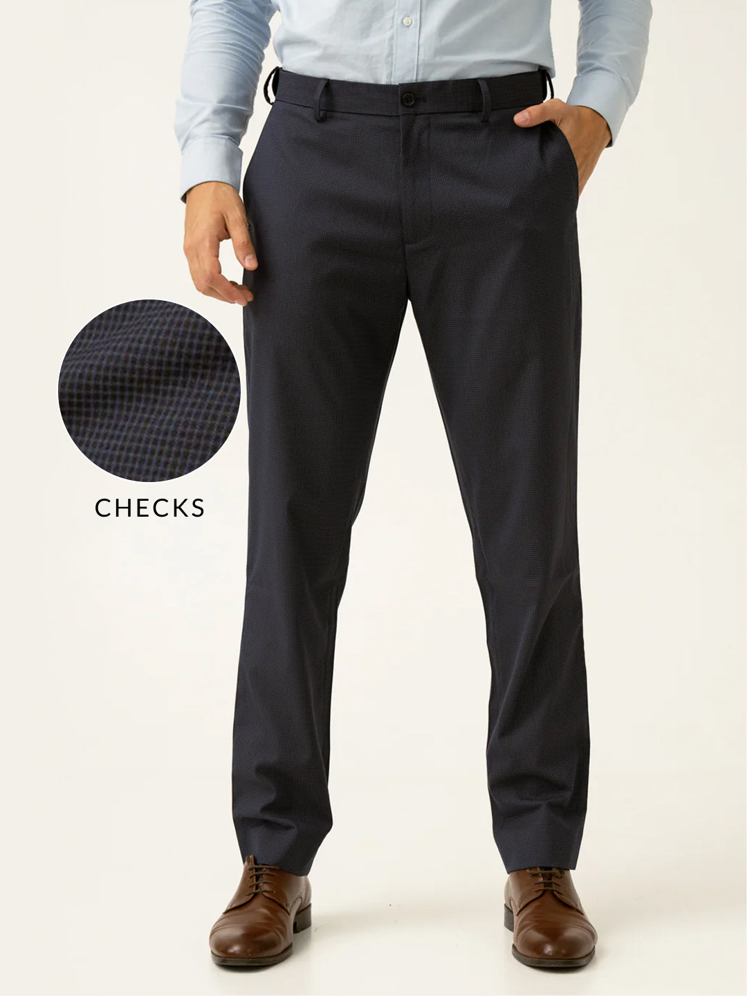 Whale Blue Mini Checks Relaxed Fit Stretch Formal Pants