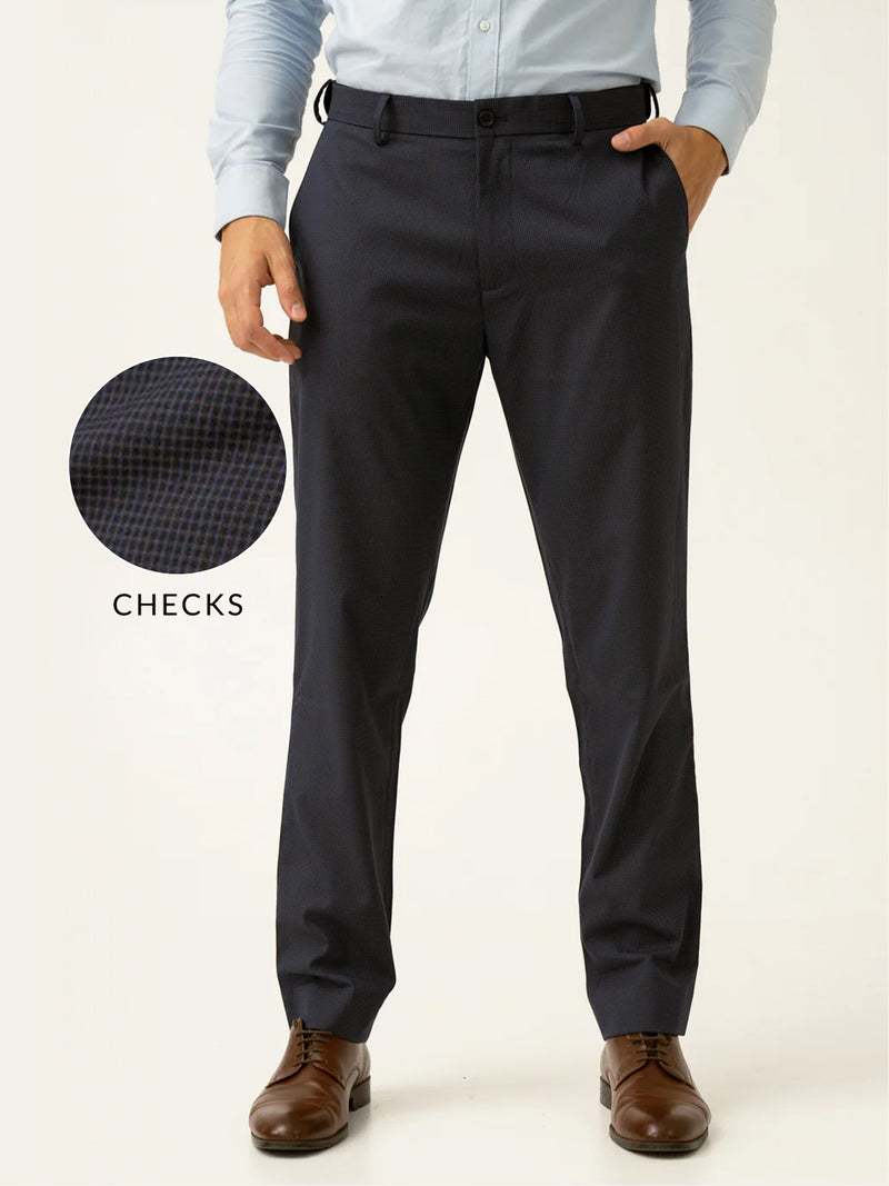 Whale Blue Mini Checks Relaxed Fit Stretch Formal Pants