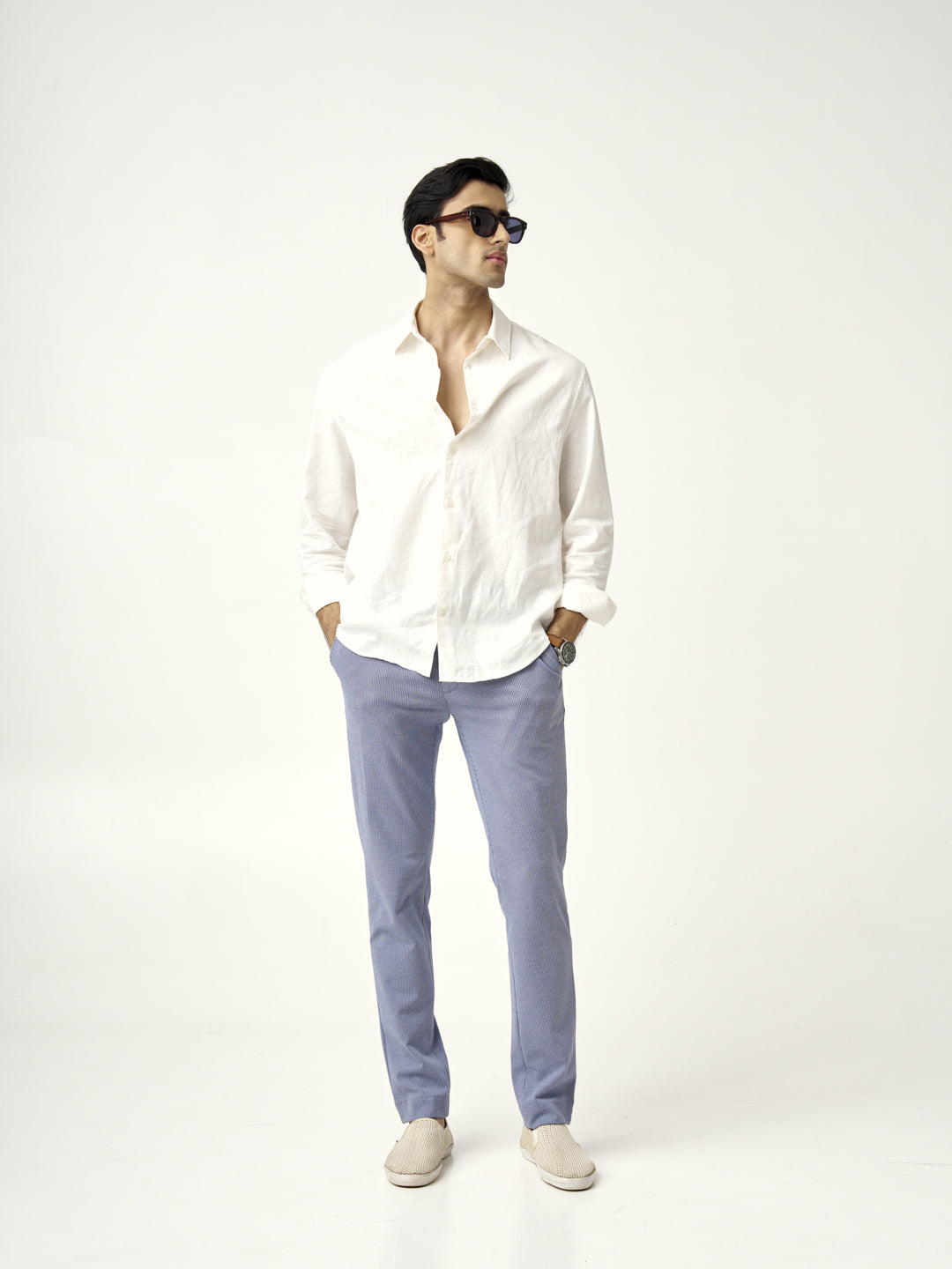a man in a white shirt paired with scottish blue pants from the Pant Project, front view