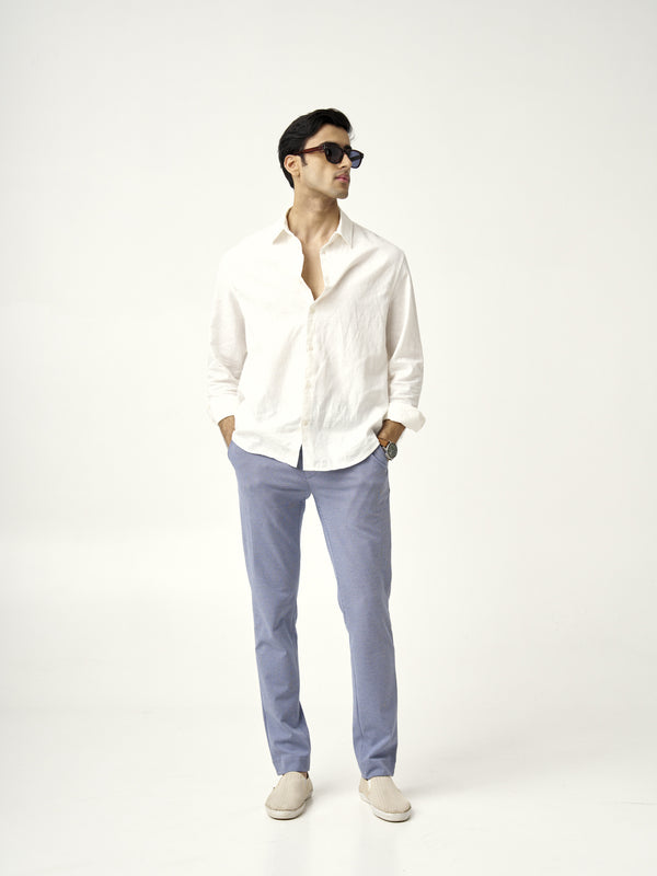 a man in a white shirt paired with scottish blue pants from the Pant Project, front view