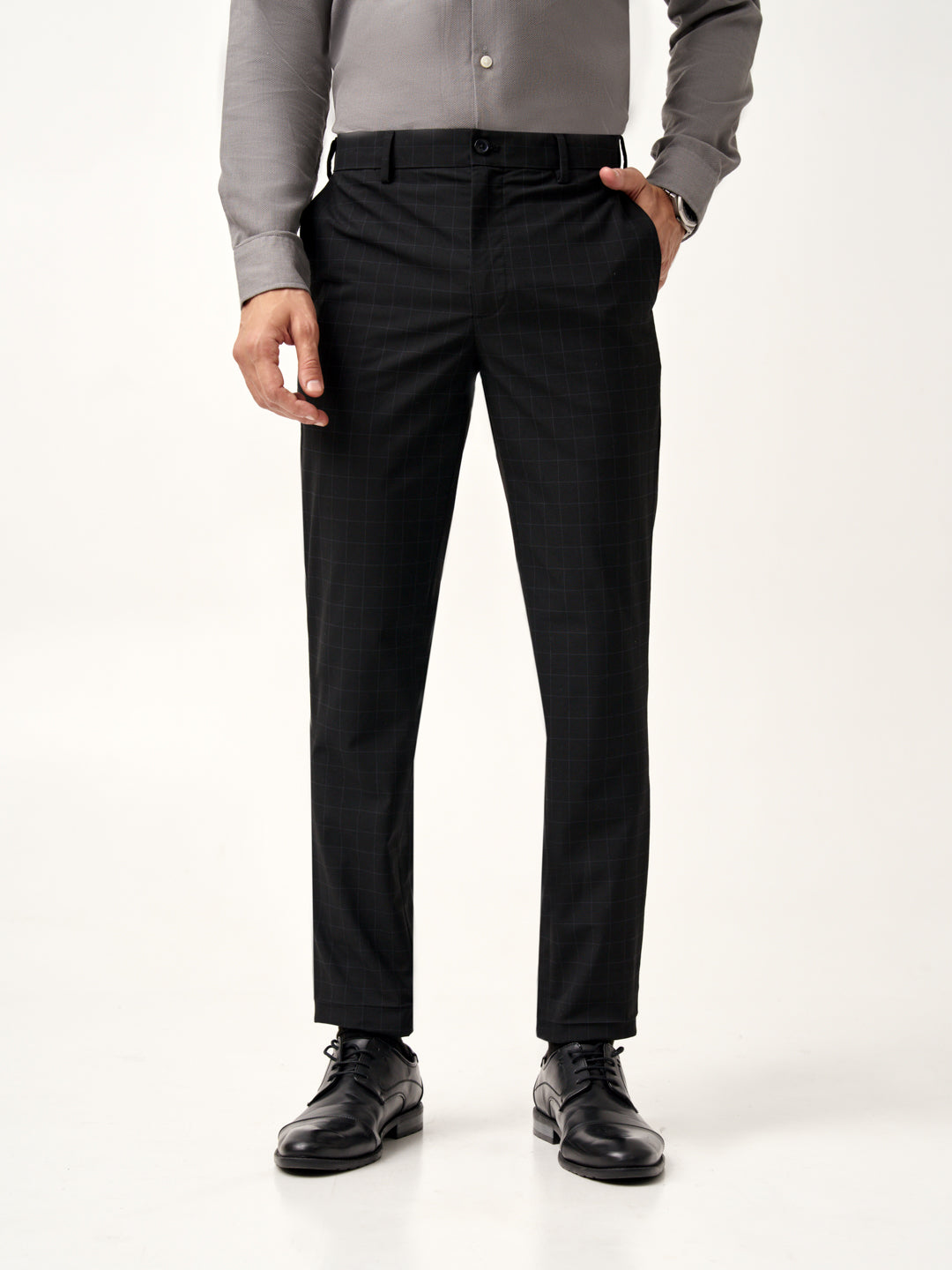 angled view with a close fit of Pant Project raven black stretchable trousers