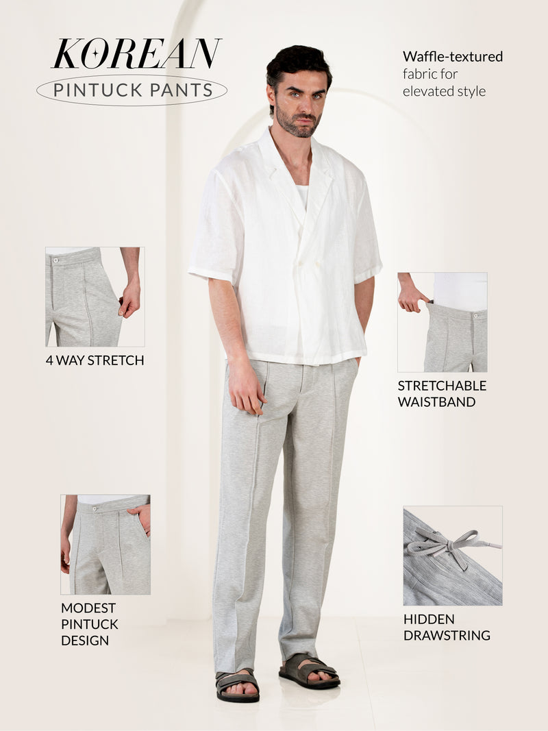 Aurest Grey Relaxed Fit Power-Stretch Korean Pintuck Pants