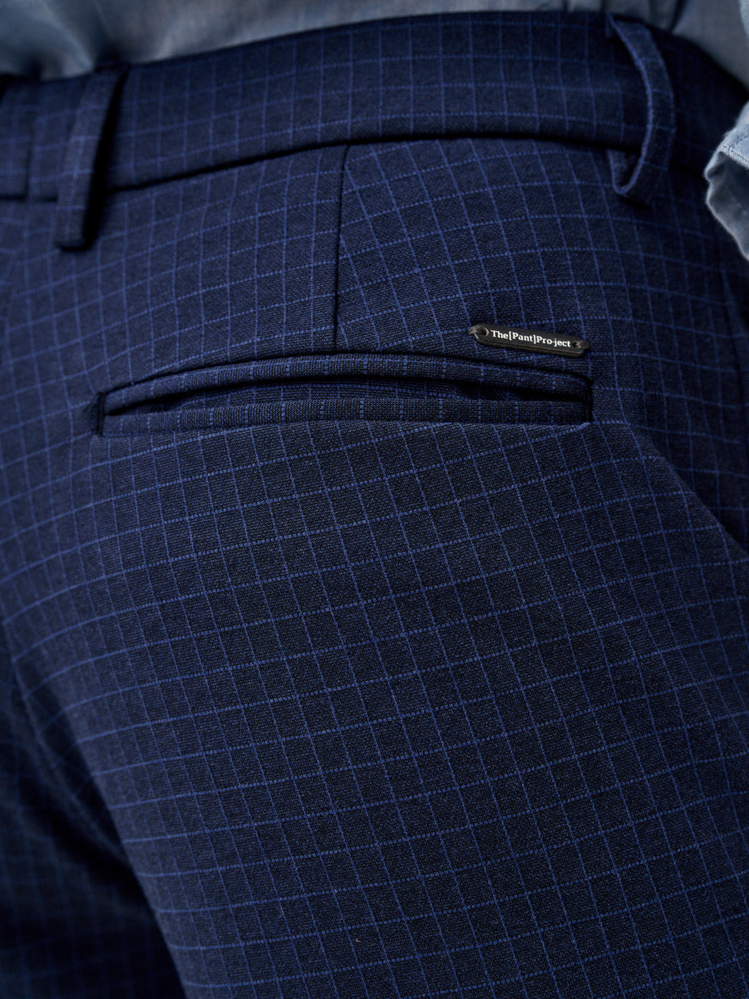 back pocket detail of blue check pants from the Pant Project