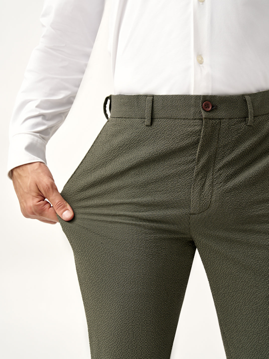 back pocket logo on Pant Project's green stretchable chandigarh seer sucker trousers
