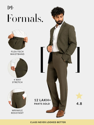 Bushland Olive Micro Checks Relaxed Fit Formal Trousers