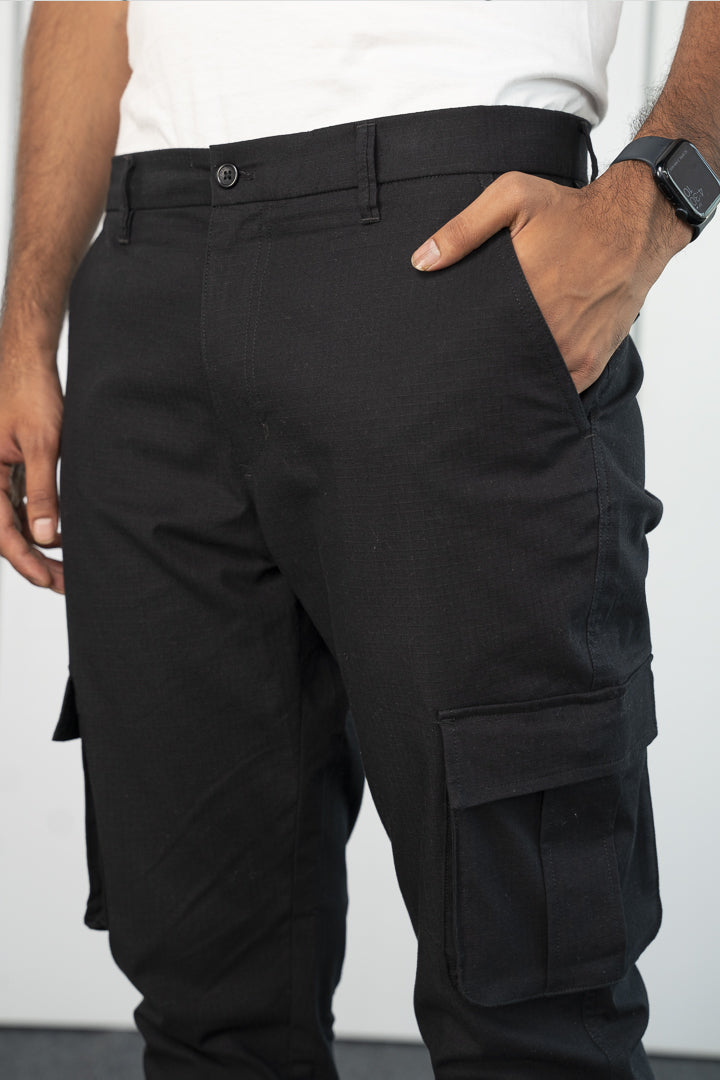 black ripstop textured cargo pants