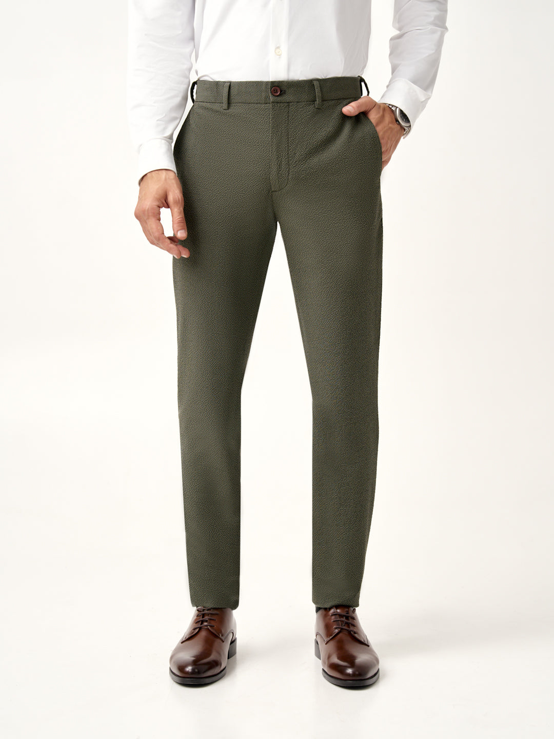 close-up of Pant Project's olive chandigarh seer sucker trouser pockets
