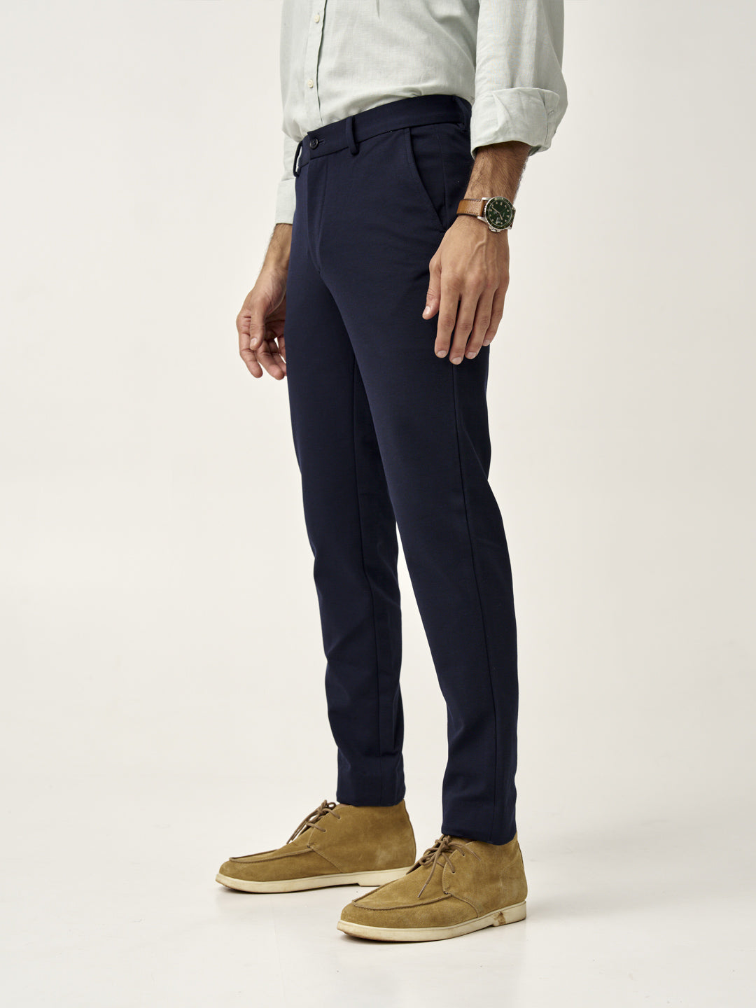 close-up of dark navy custom pants waistband and button details by the Pant Project