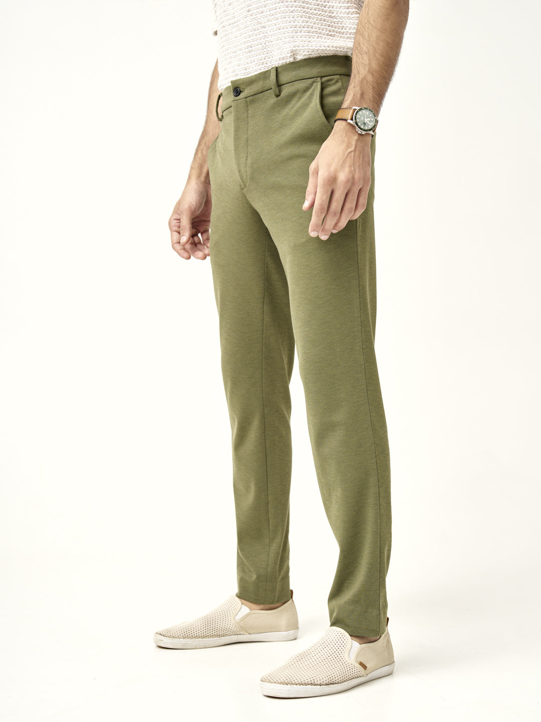 close-up of front military green pants with watch detail by the Pant Project