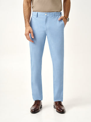 close-up view of Pant Project's blue bali stretchable trousers