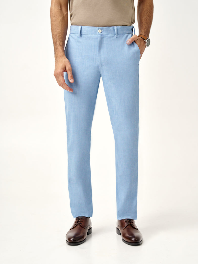 close-up view of Pant Project's blue bali stretchable trousers