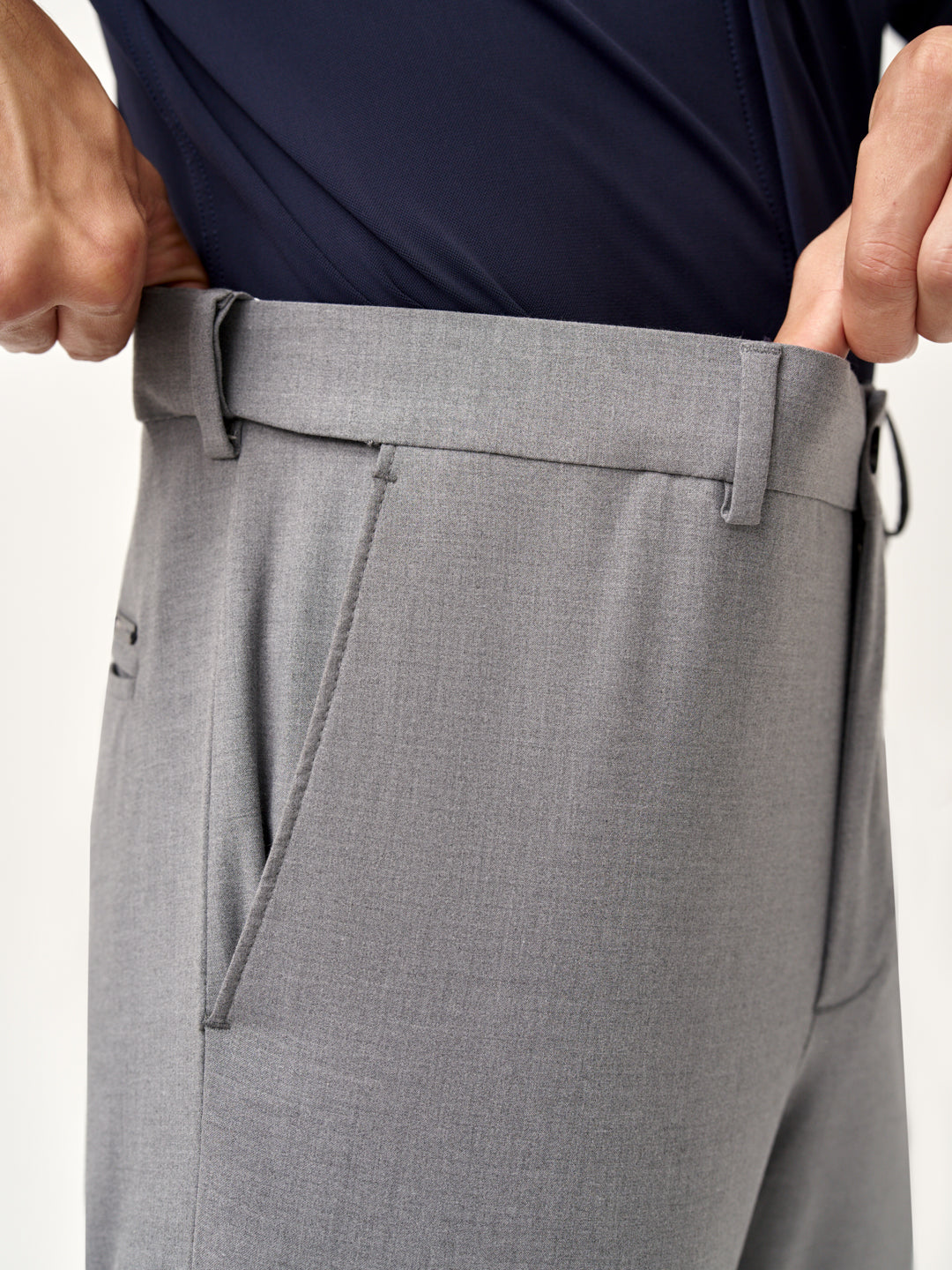 close-up waistband of Pant Project mineral grey stretchable pants