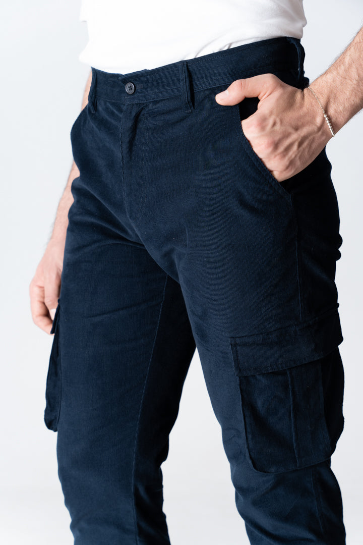 Navy Corduroy Stretch Cargo Pants