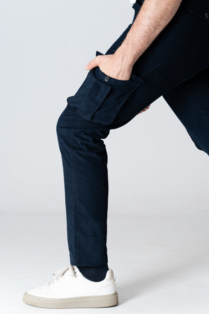 Navy Corduroy Stretch Cargo Pants