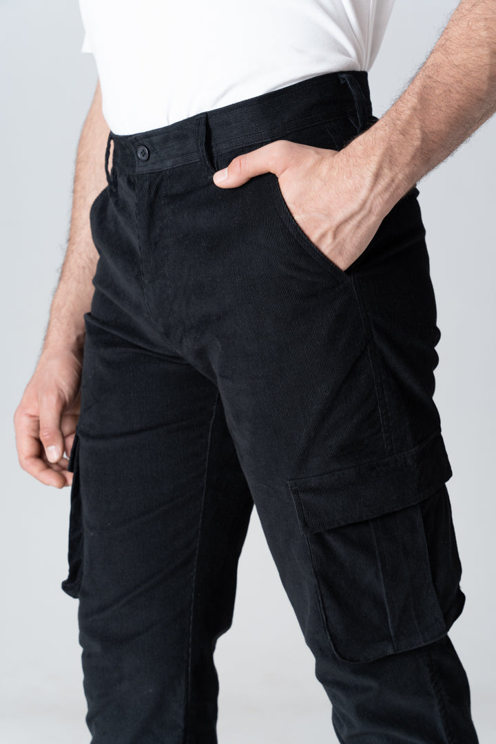 Black Corduroy Stretch Cargo Pants