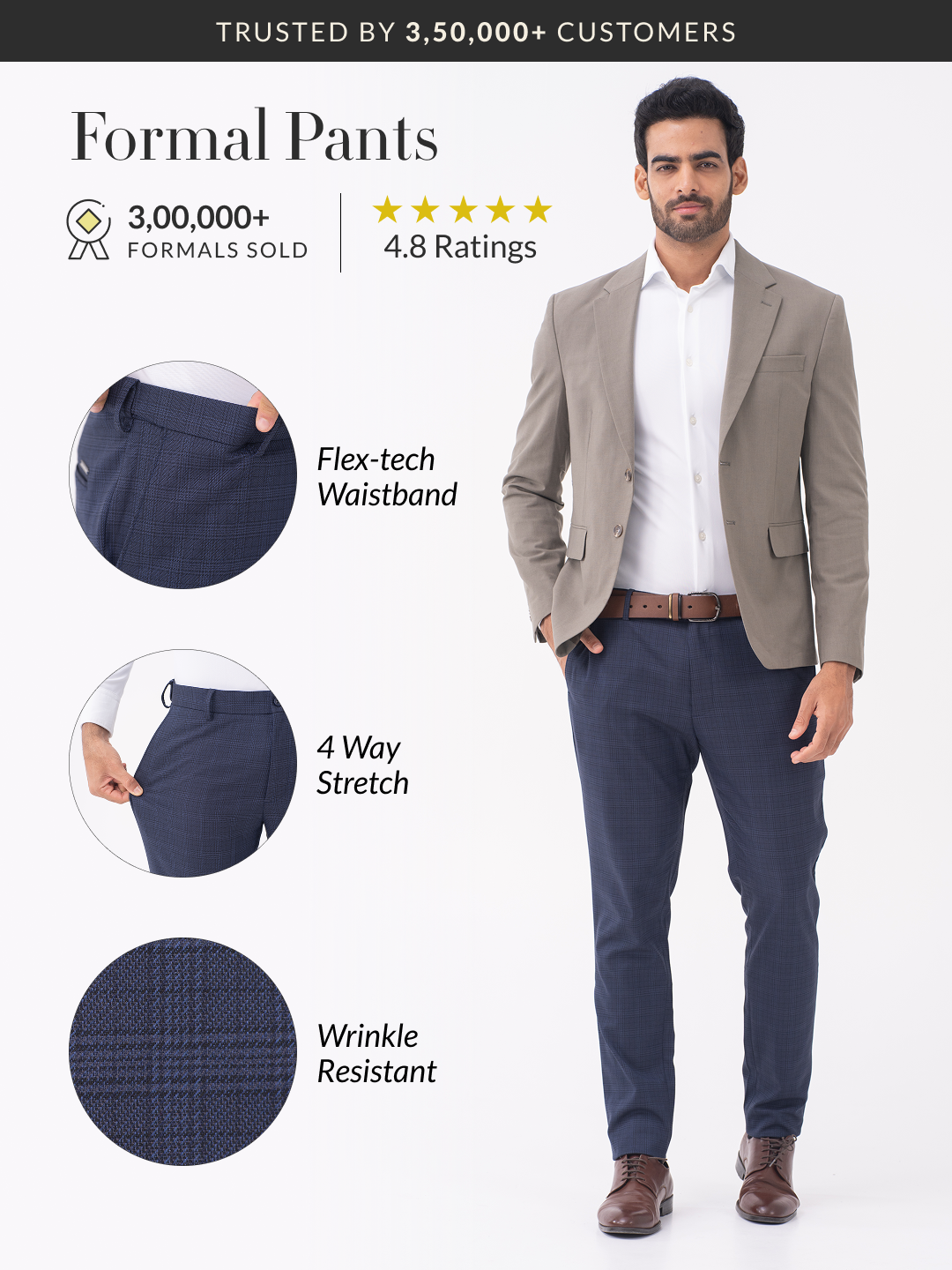 Finch Navy Checks Slim Fit Stretch Formal Pants