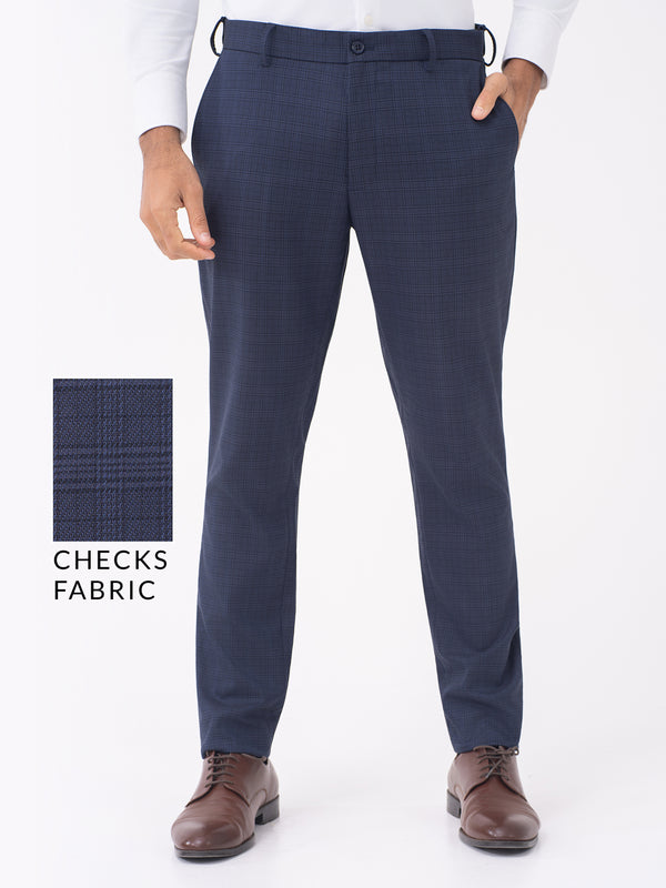 Finch Navy Checks Slim Fit Stretch Formal Pants