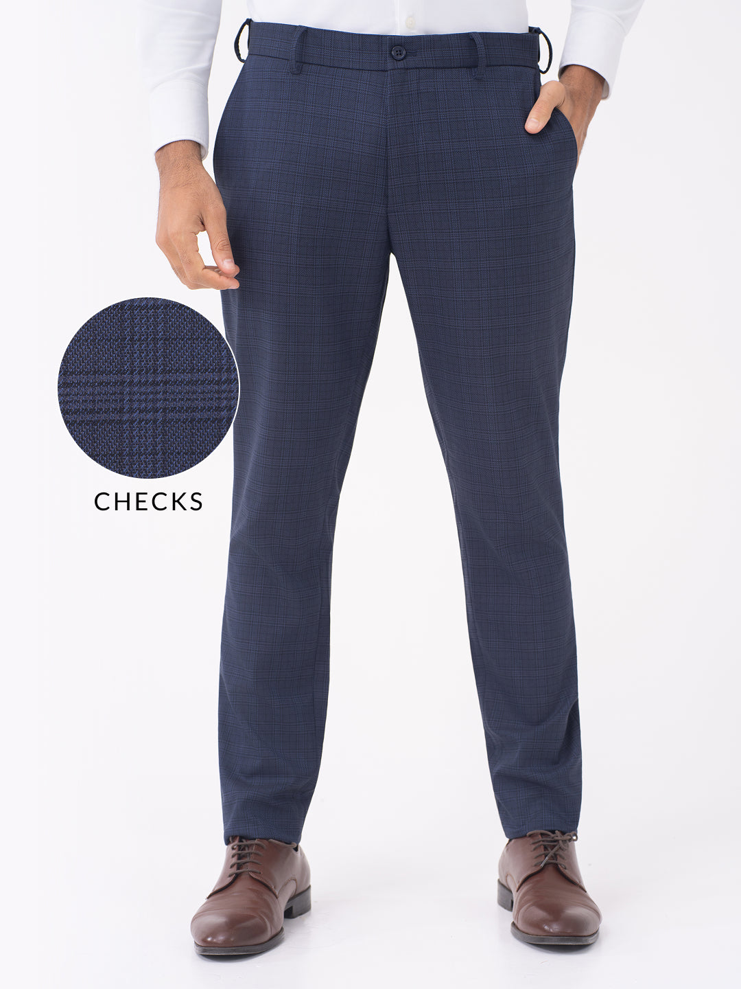 Finch Navy Checks Slim Fit Stretch Formal Pants