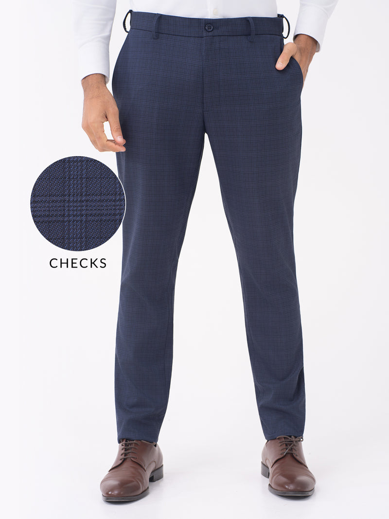 Finch Navy Checks Slim Fit Stretch Formal Pants