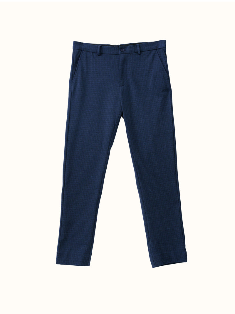 flat-lay shot of blue check pants, custom-made from the Pant Project