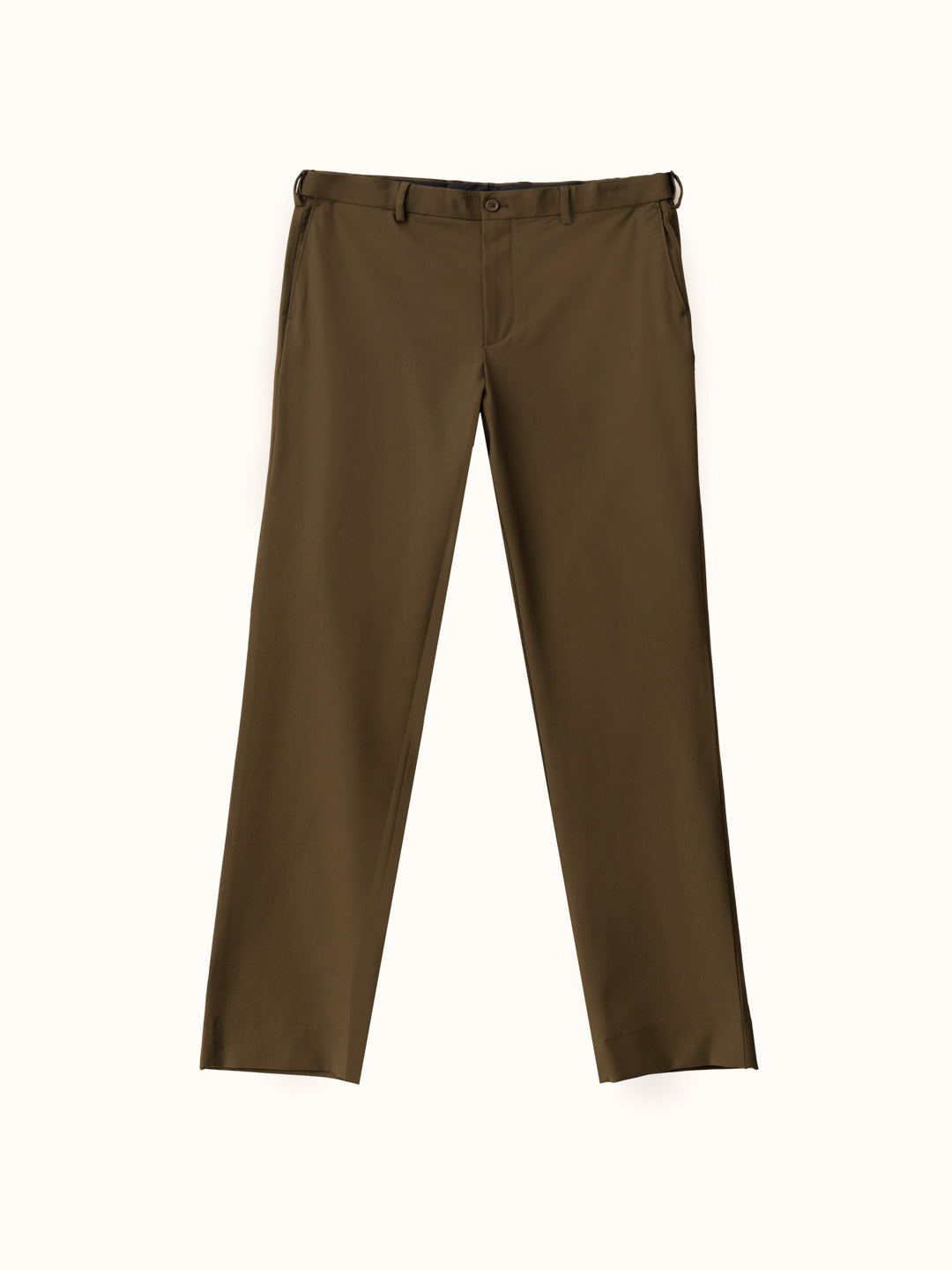  flat lay front view showing full length of Pant Project olive green stretchable trousers
