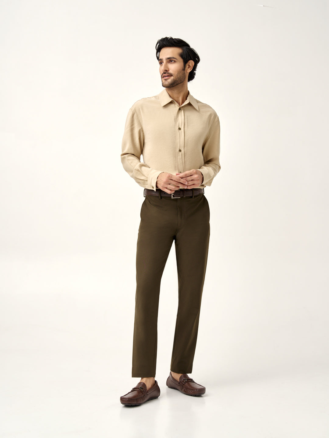  front view of Pant Project olive green trousers with blazer