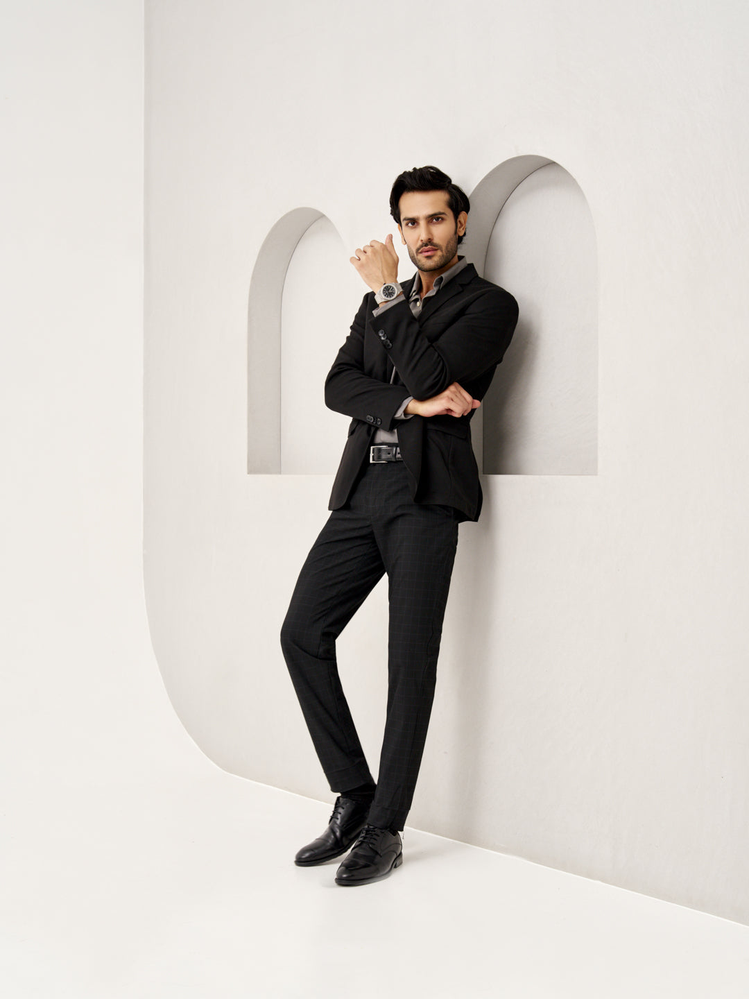 full side view of Pant Project raven black stretchable trousers