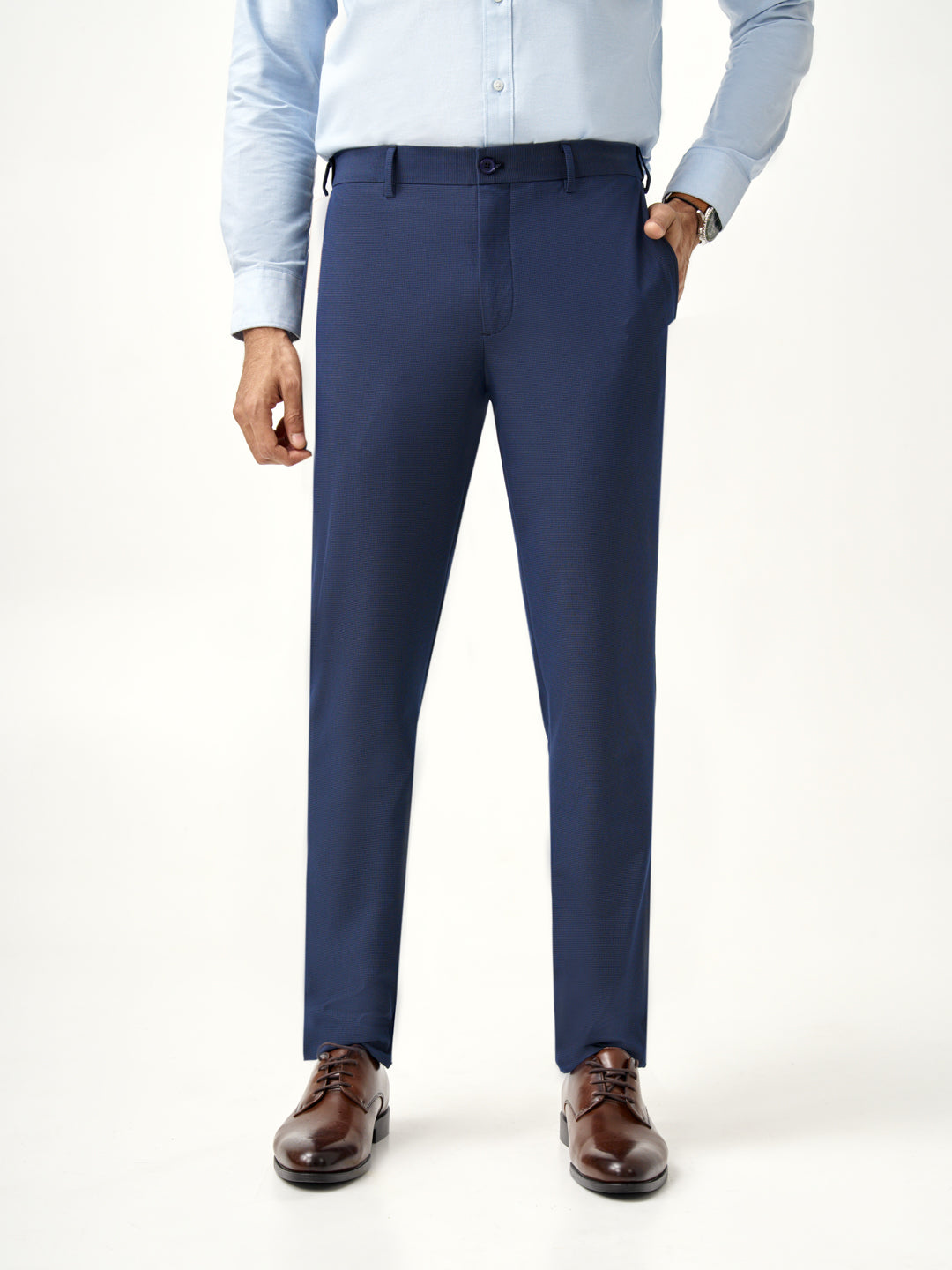 full view of Pant Project's astro navy stretchable trousers