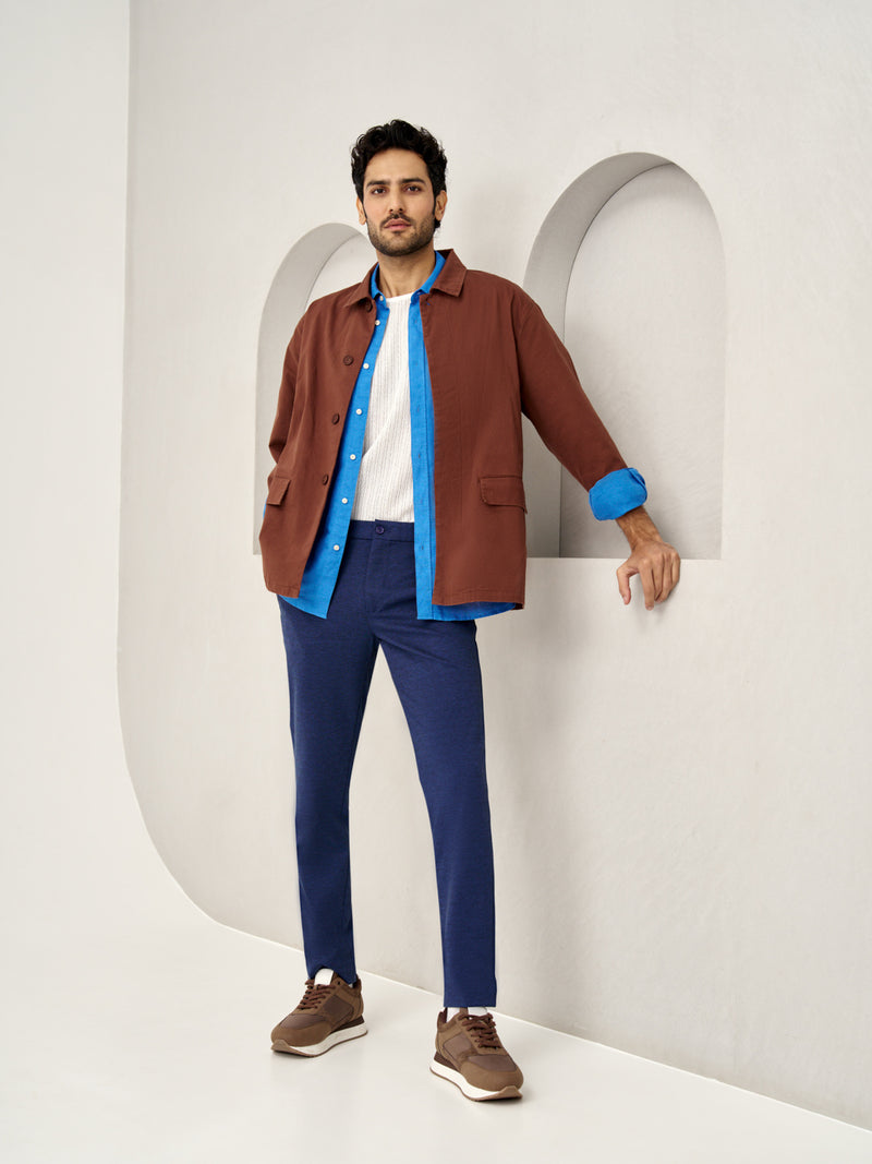 man wearing layered outfit with insignia blue pants, the Pant Project