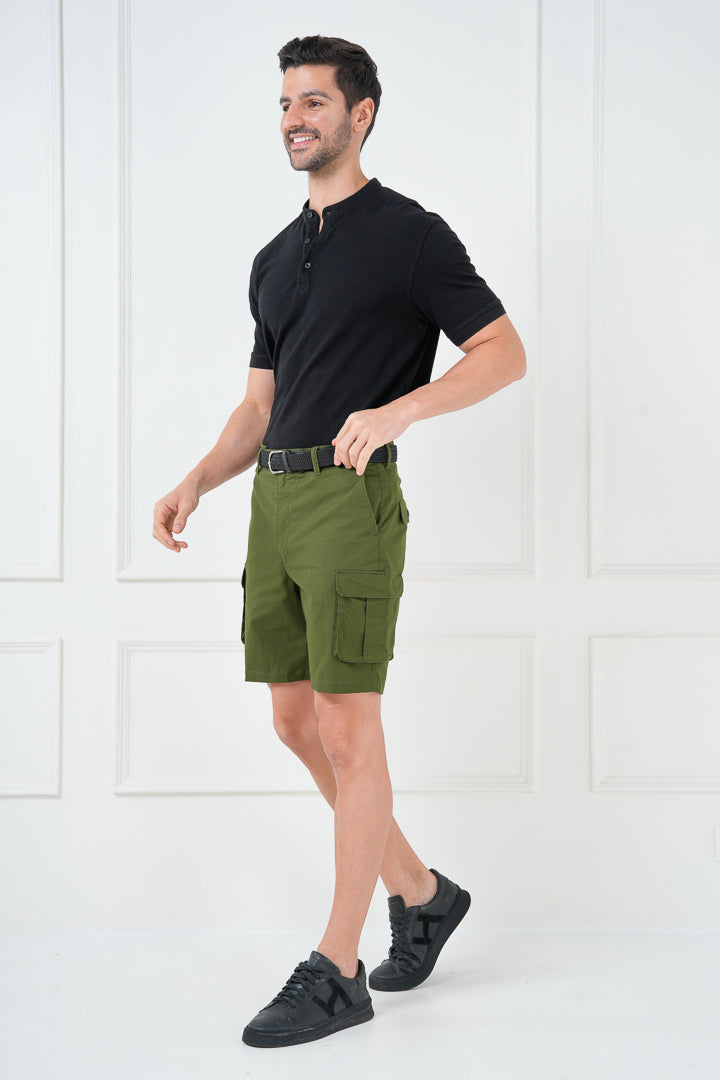 Green Ripstop Textured Cargo Shorts