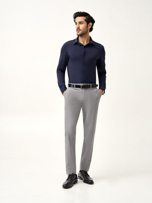 model showcasing Pant Project mineral grey stretchable pants with dark shirt
