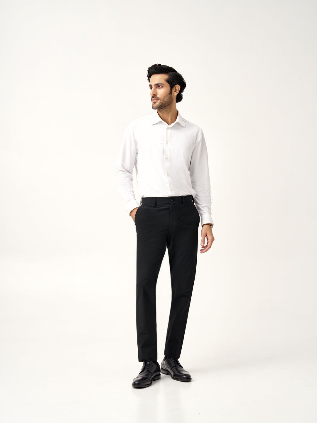 model standing in Pant Project ebony black stretchable trousers