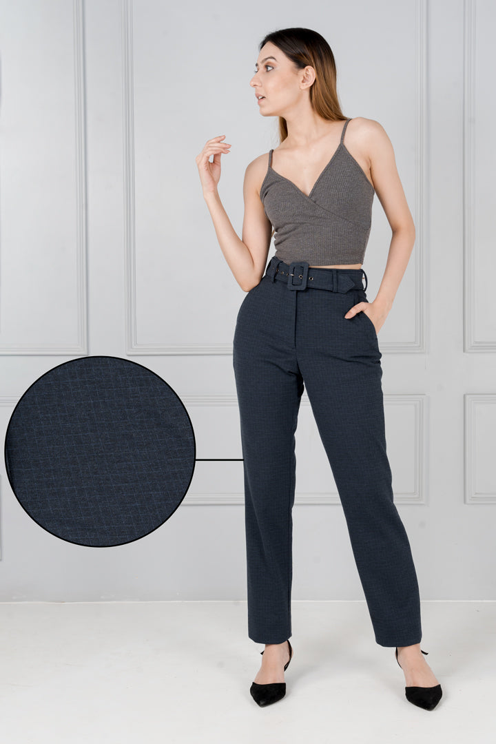 Buy Women's Navy Blue Checks Stretch Trouser Online in India