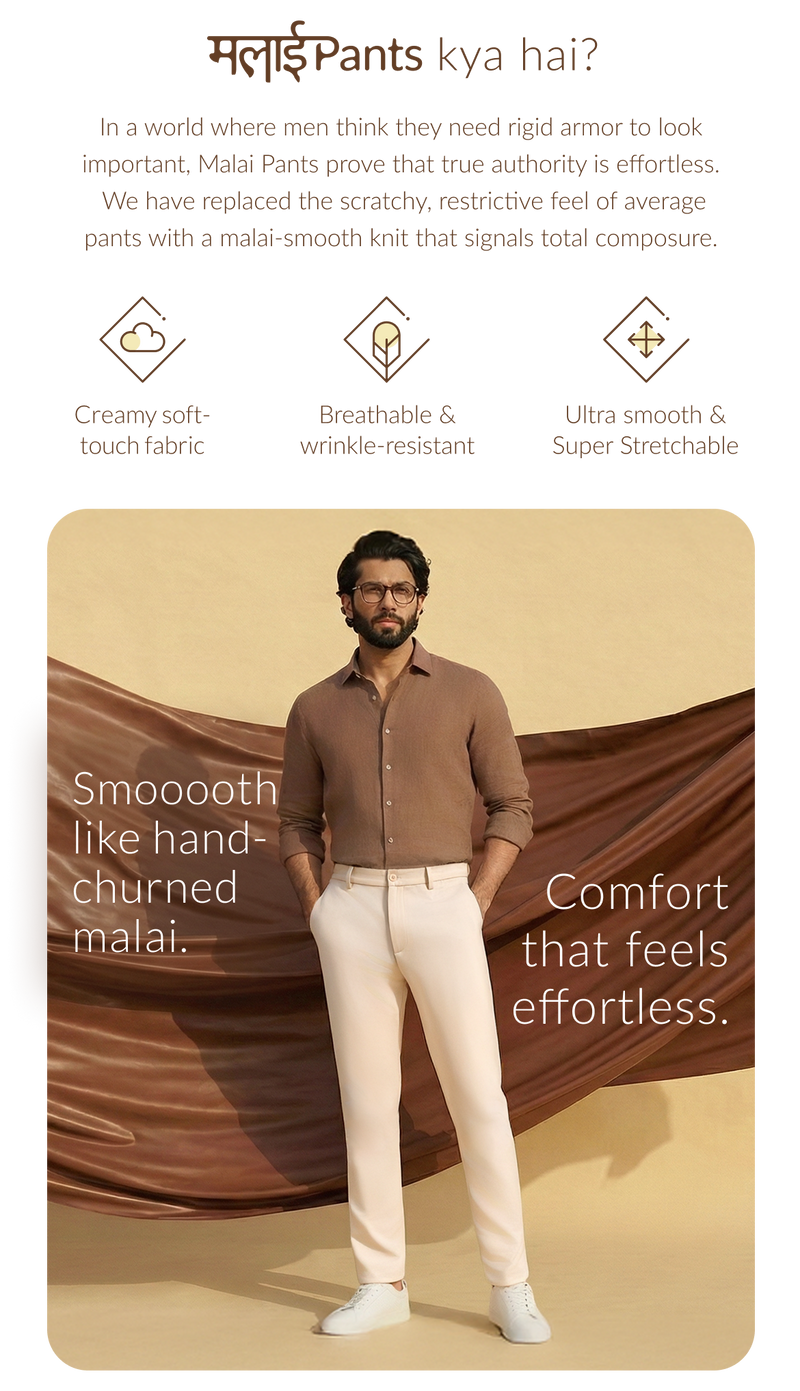Creamy soft ouch Malai stretchable pants for men that features ultra-smooth knit fabric which is breathable & wrinkle-resistant for effortless comfort