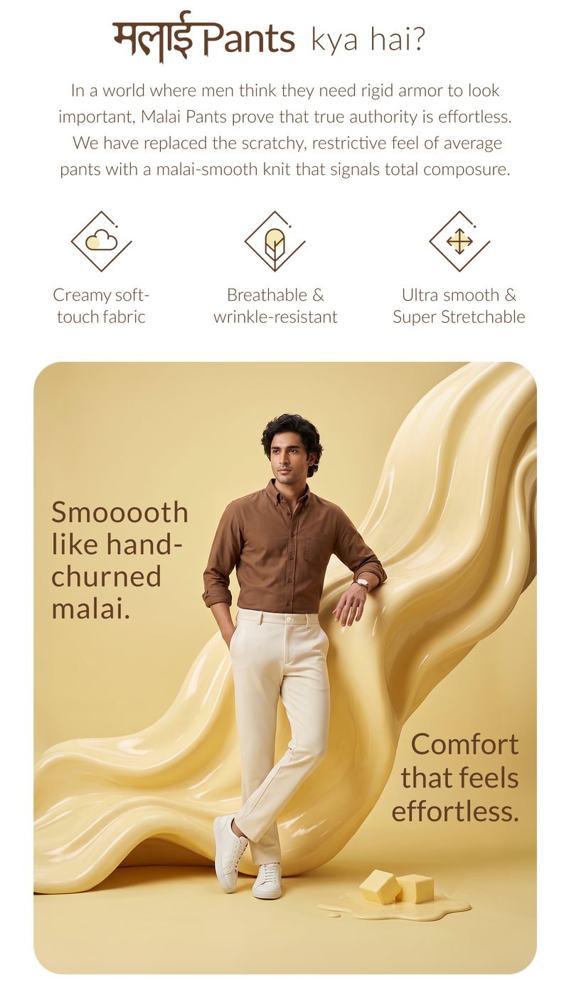 Promotional graphic for Malai Pants featuring a male model wearing brown shirt and cream pants, posed against a stylized beige background with flowing cream fabric and text highlighting comfort, breathability, and stretch.