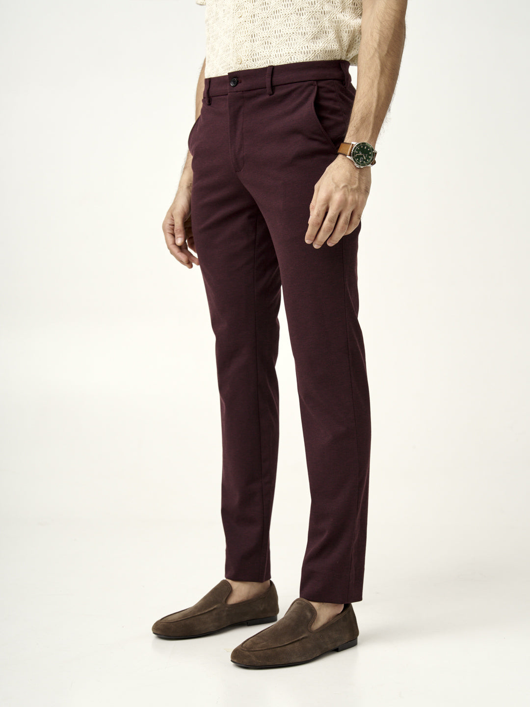 side view model wearing plum wine trousers by the Pant Project