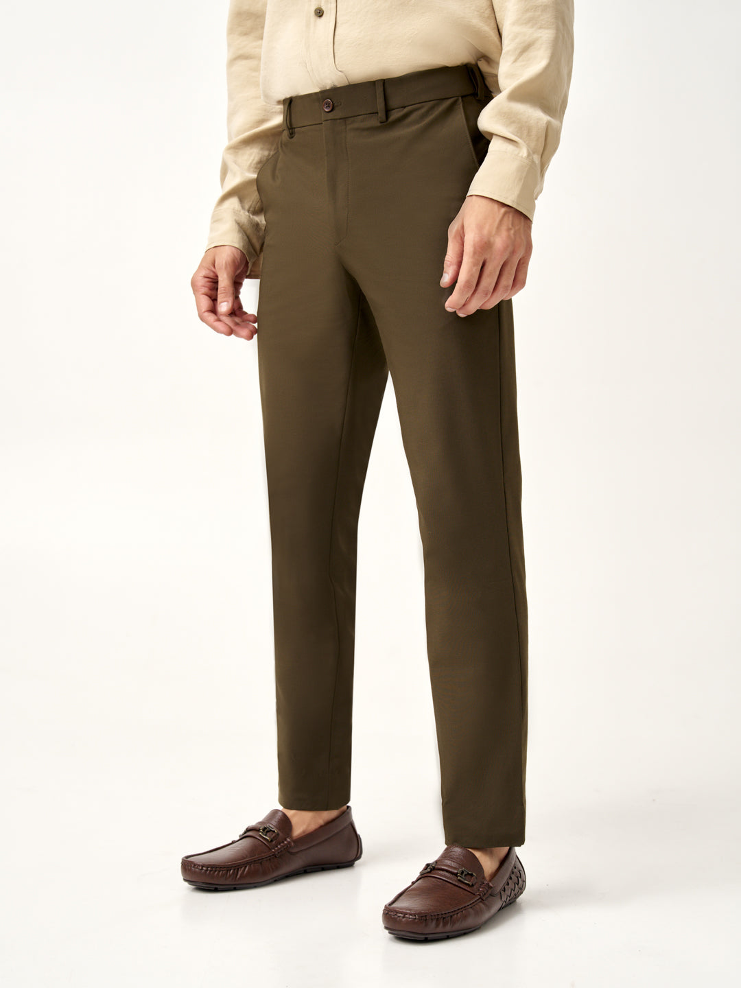  side view of Pant Project olive green trousers showing pocket detail
