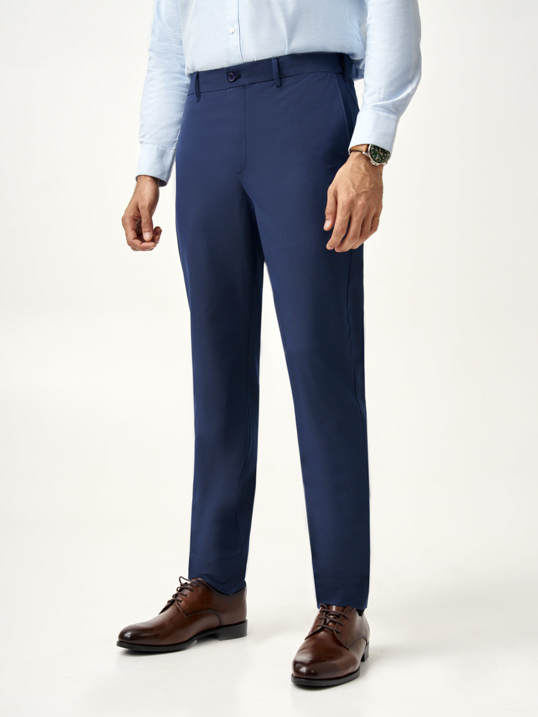 side view of Pant Project's astro navy stretchable trousers