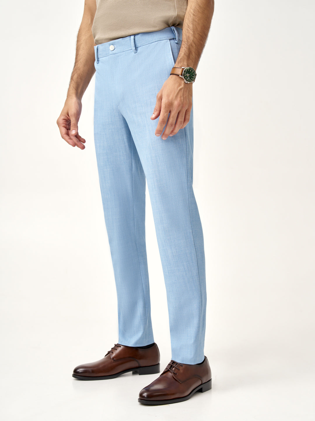 side view of Pant Project's blue bali stretchable trousers