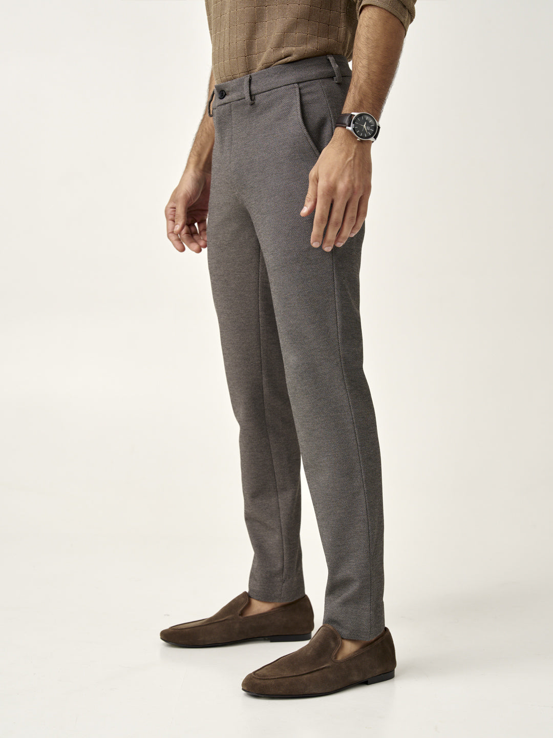 side view of granite texture custom pants from the Pant Project with brown shoes